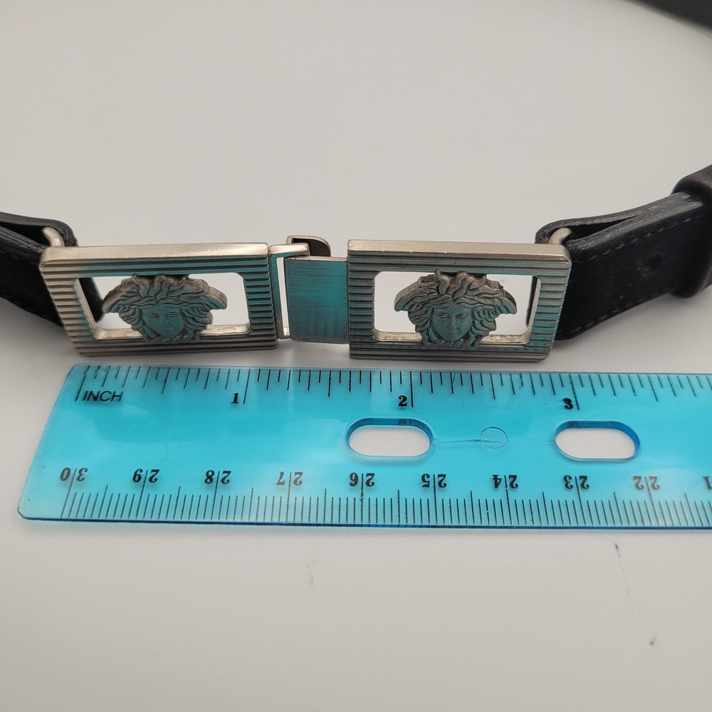 Gianni Versace Vintage Black Leather Pony Hair Medusa Head Belt 70/28 Silver - Picture 8 of 9